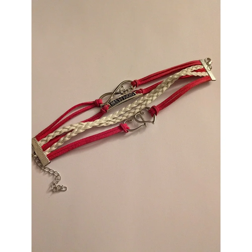 Pink White Multi Strand Best Friend Infinity Heart Charm Wrap Bracelet Silver